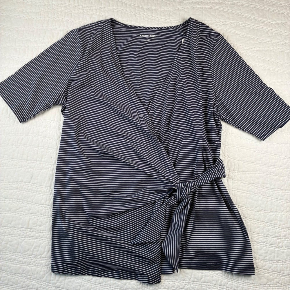 NWT Lands End Faux Wrap Top L Elbow Sleeve Side Tie Jersey Navy Stripe Classic